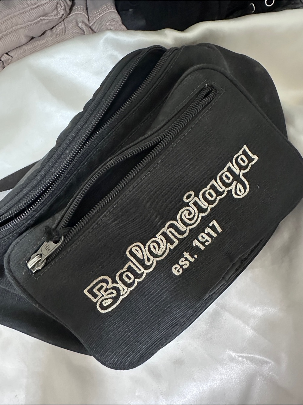 Balenciaga Black Canvas Logo Belt Bag with White Embroidery